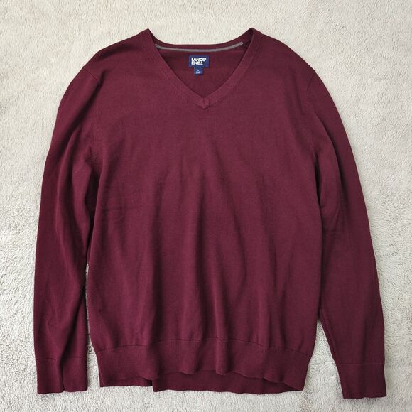 Lands End V-Neck Sweater Men's L Burgundy Red Preppy 100% Cotton - Picture 1 of 6